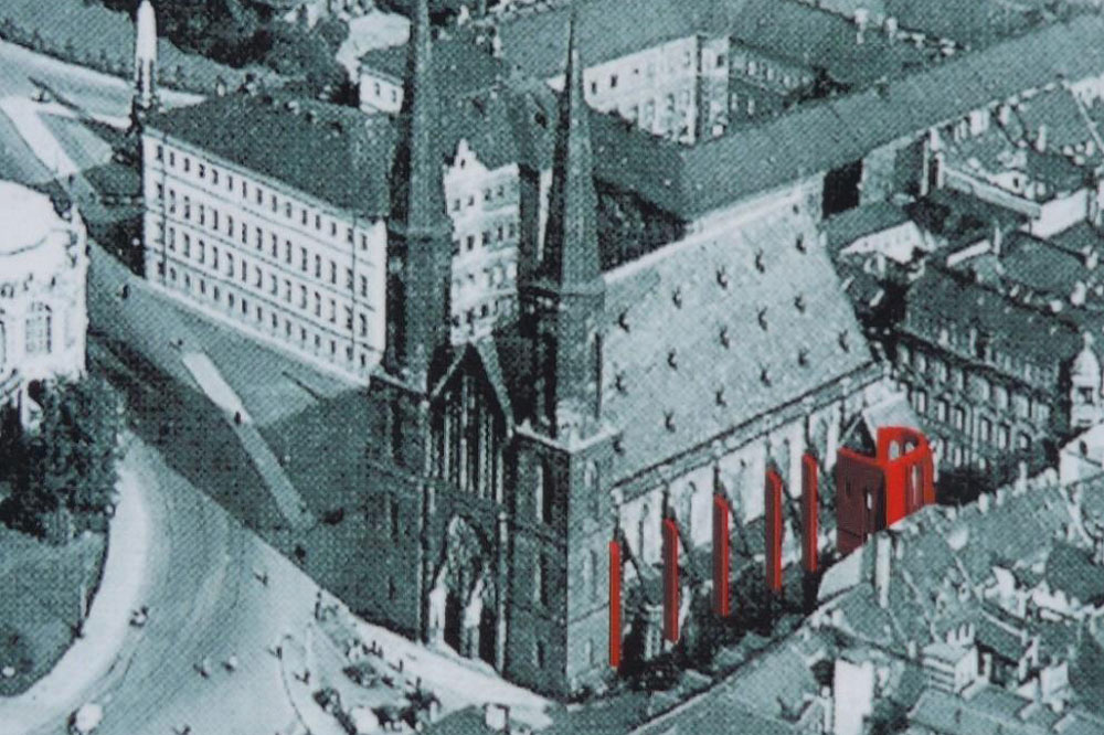 St. Sophia Church undamaged; abstracted parts in red